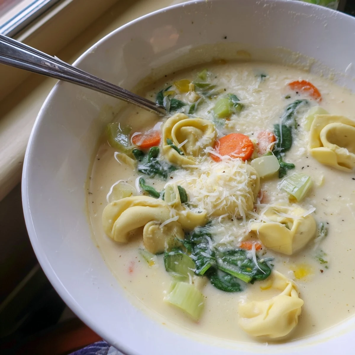 Bowl of hearty Italian tortellini soup featuring cream, fresh herbs, and colorful vegetable medley