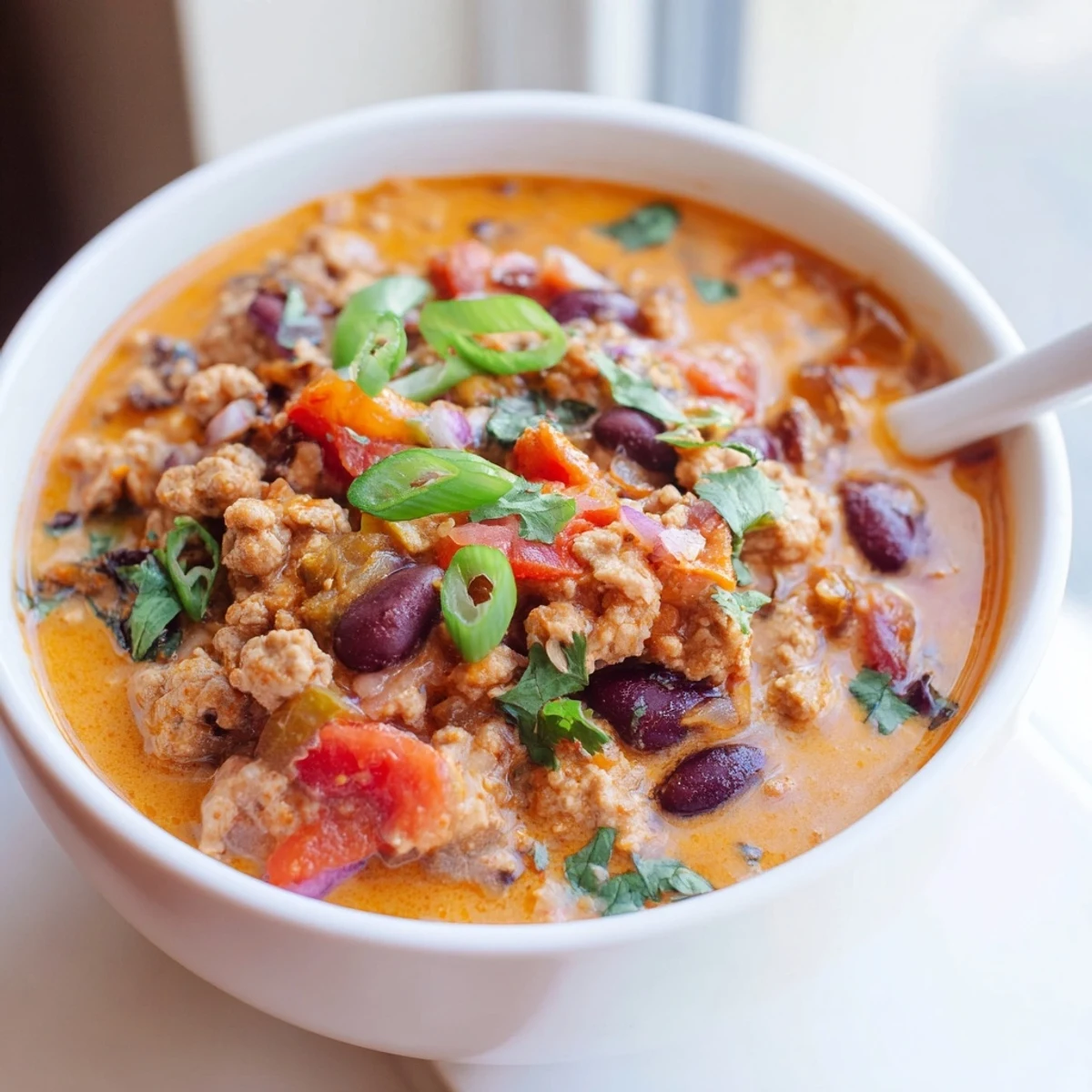 Creamy Turkey Pumpkin Chili simmering in a pot with beans and warm spices for autumn