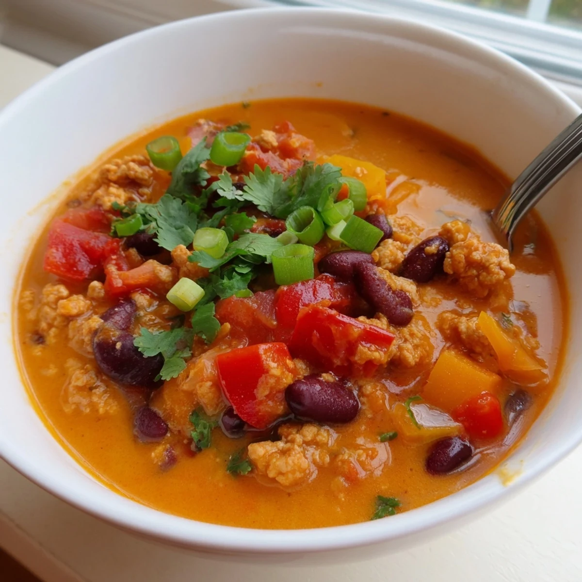 Hearty bowl of Turkey Pumpkin Chili topped with cilantro, green onions, and melted cheese