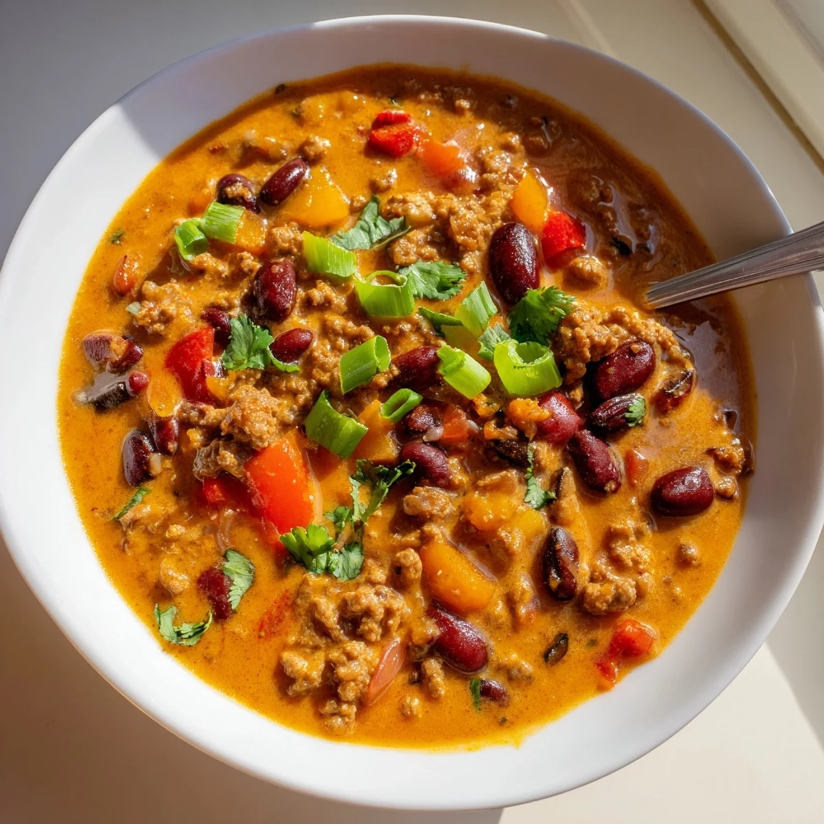 Rustic Turkey Pumpkin Chili served in a white bowl with colorful garnishes and a spoon