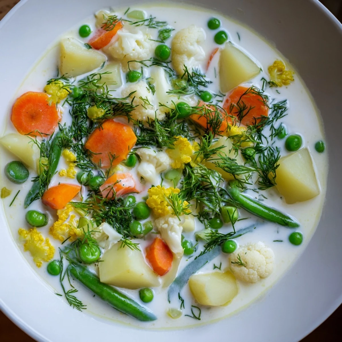 Creamy Finnish Kesäkeitto soup bowl showcasing colorful summer vegetables swimming in rich white broth