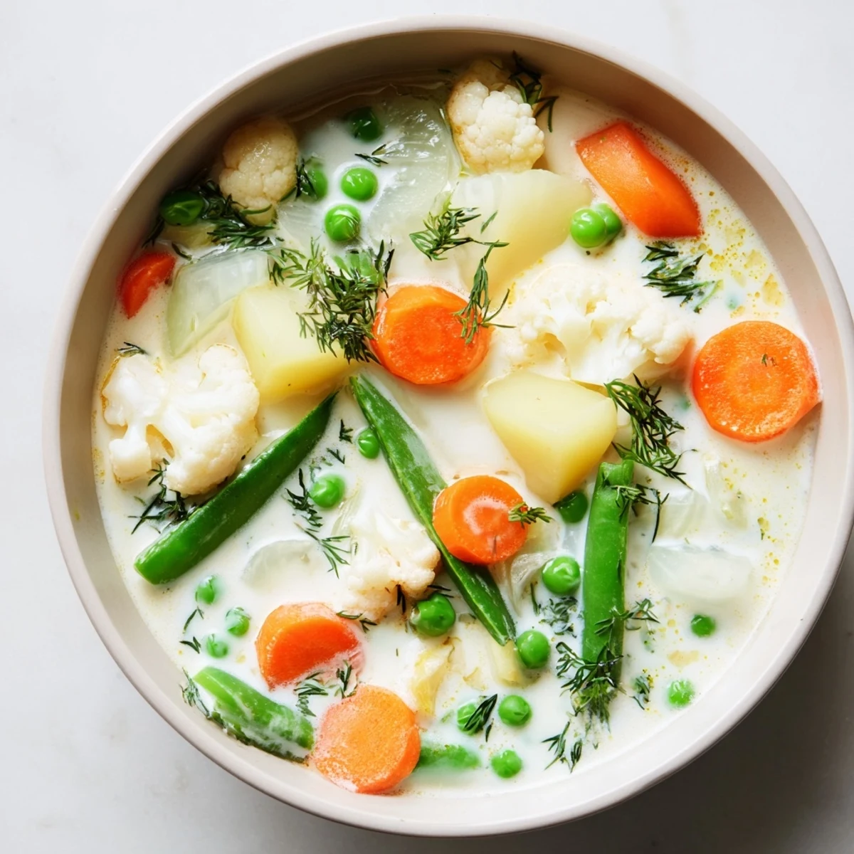 Golden bowl of Finnish Kesäkeitto featuring tender carrots, peas, and potatoes in velvety cream