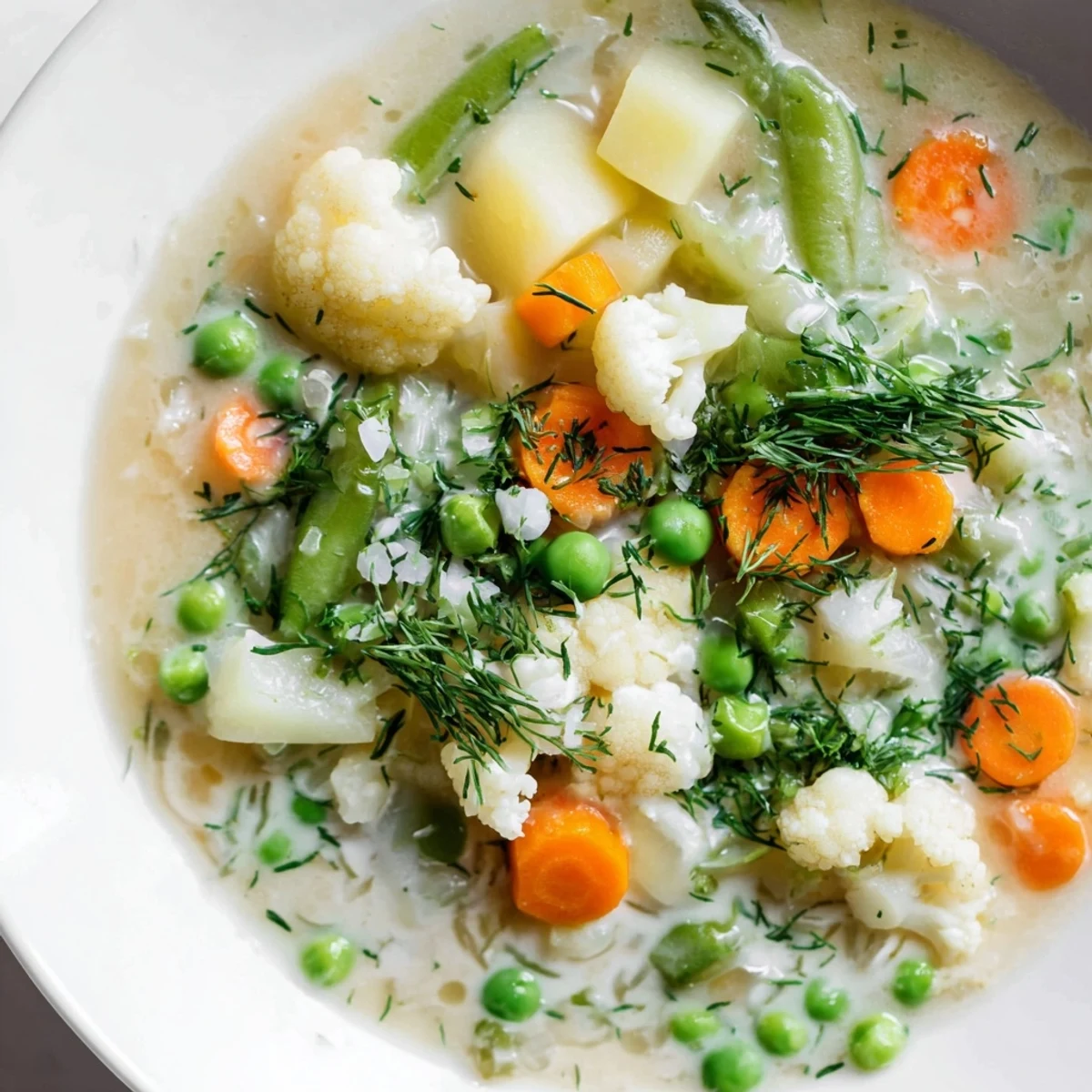 Traditional Finnish Kesäkeitto soup served with fresh dill garnish and vibrant garden vegetable medley