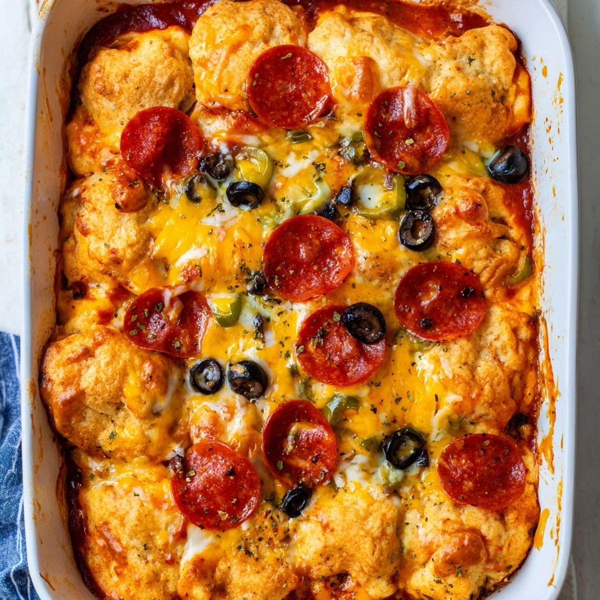 Golden biscuit pieces bubble through melted mozzarella and pepperoni layers in this Bubble Up Biscuit Pizza Casserole baked to perfection.