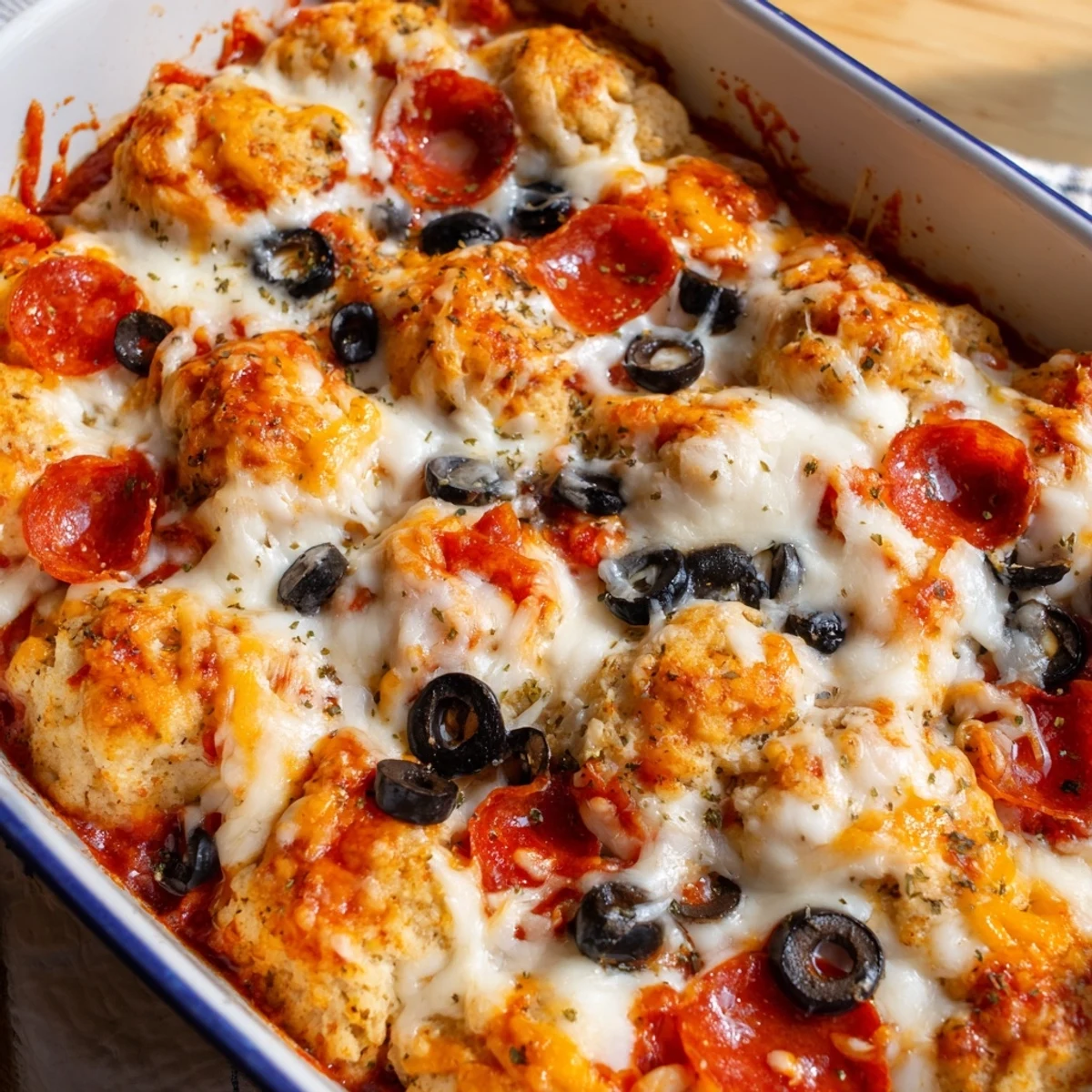 Gooey cheese-covered Bubble Up Biscuit Pizza Casserole with fluffy dough pieces rising through savory pizza toppings and red sauce.