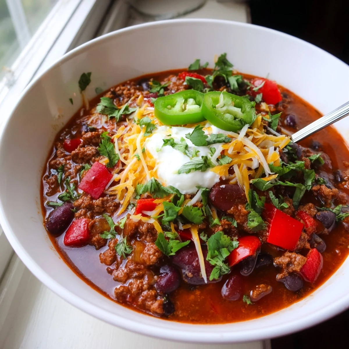 Steamy bowl of chili con carne loaded with ground beef, beans, and melted cheddar cheese