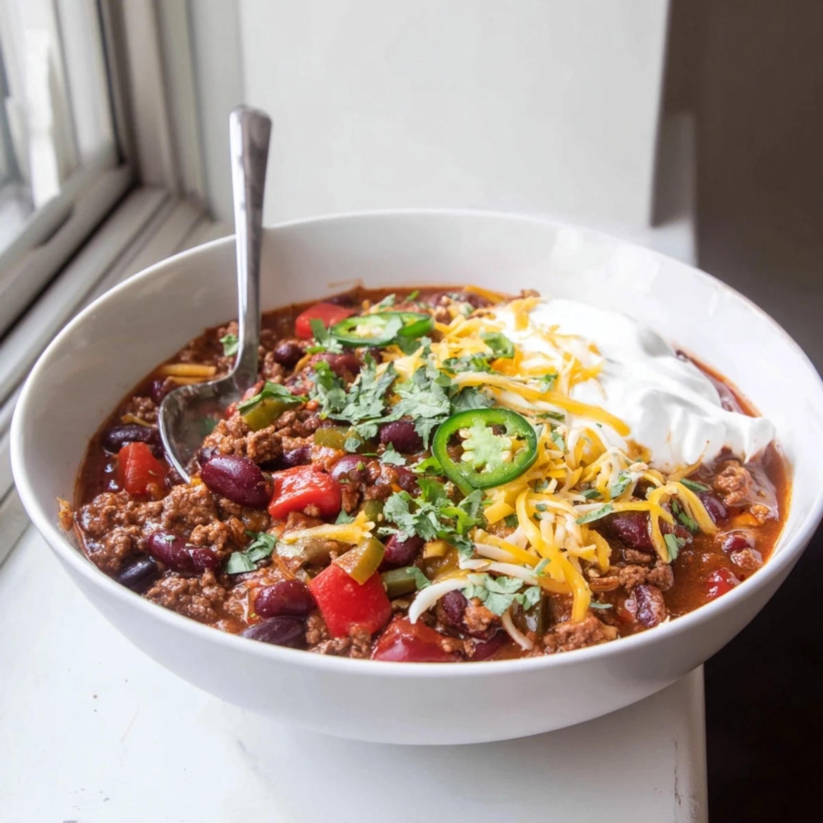 Hearty chili con carne simmering in a Dutch oven with red and green bell peppers