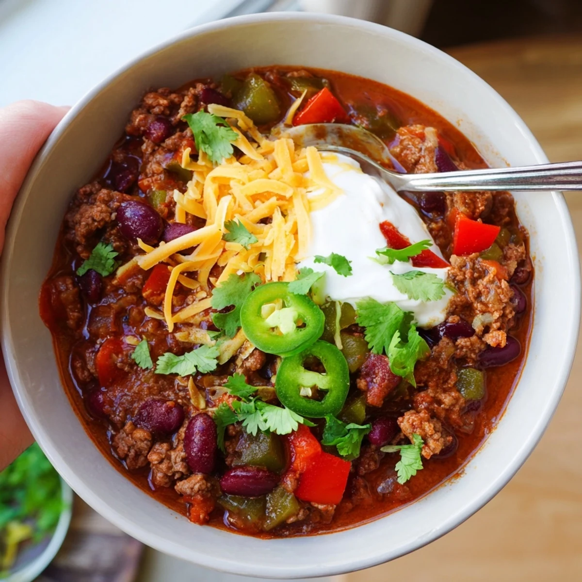 Rustic chili con carne served over rice with fresh cilantro garnish and sour cream topping