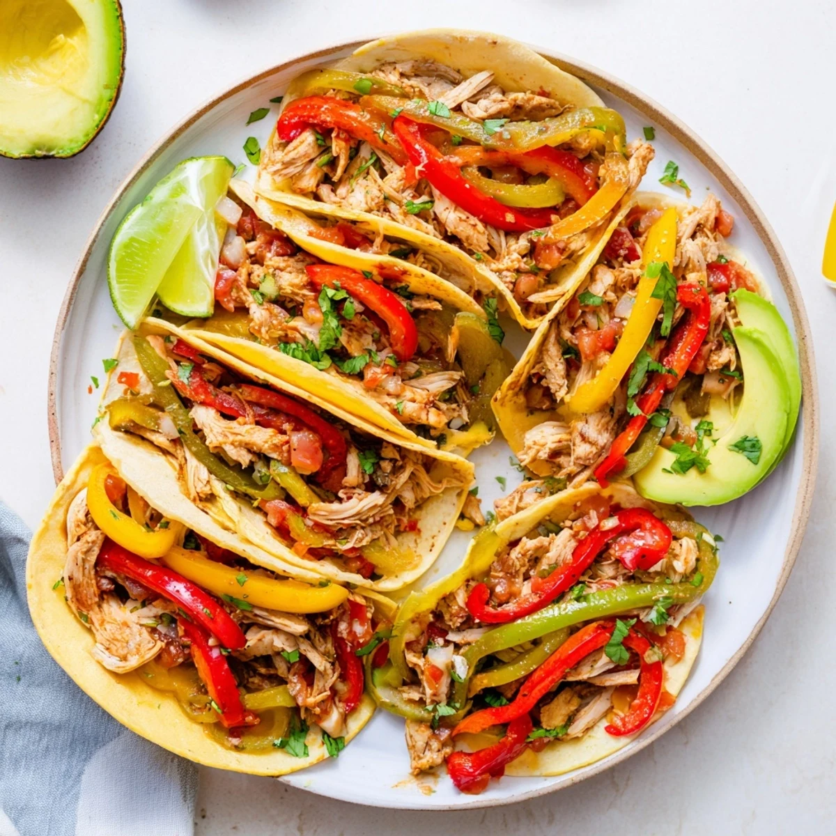 Golden chicken fajitas piled high with fresh cilantro and lime wedges in warm tortillas