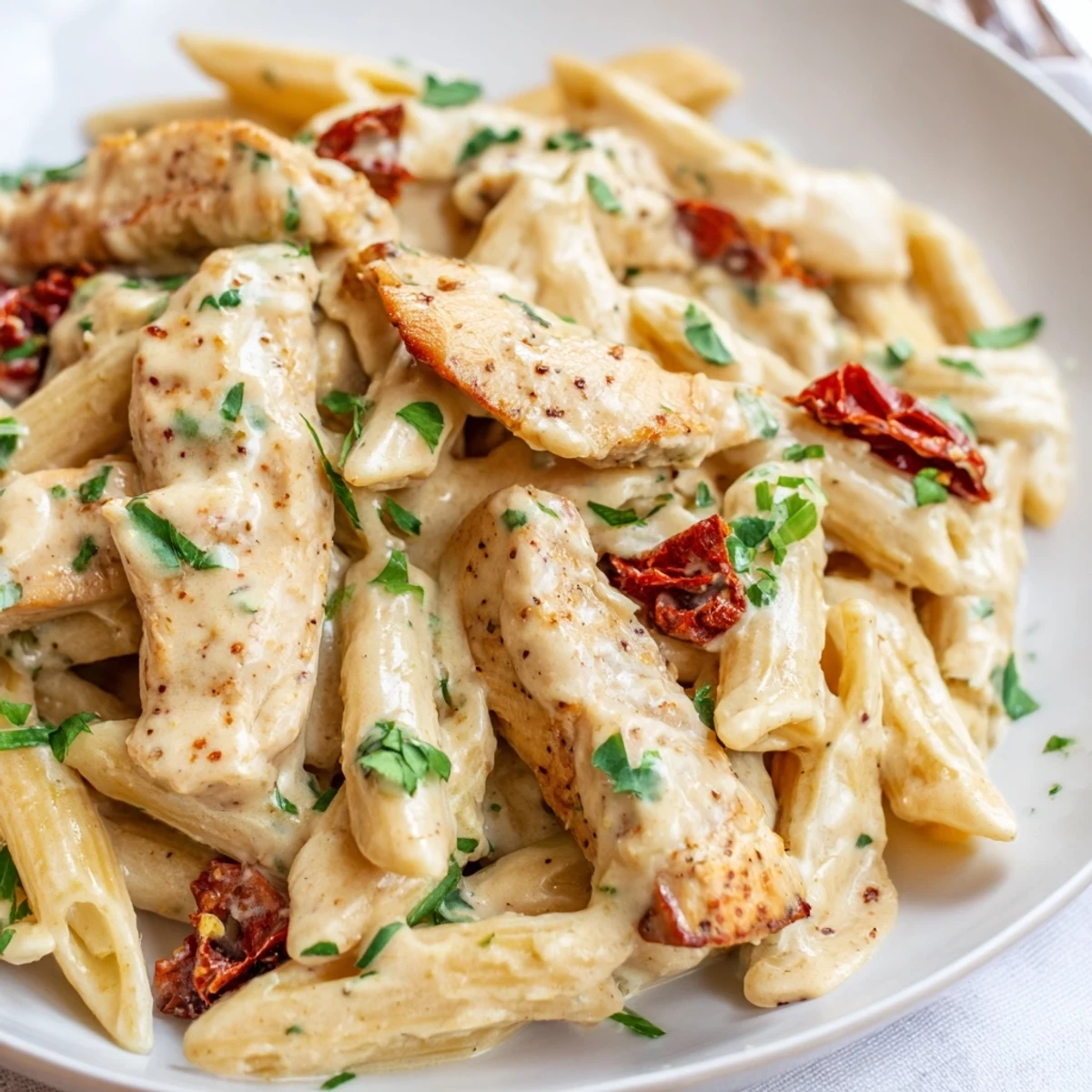 Creamy Marry Me Chicken Pasta with tender chicken slices, sun-dried tomatoes, and parmesan sauce twirled on pasta