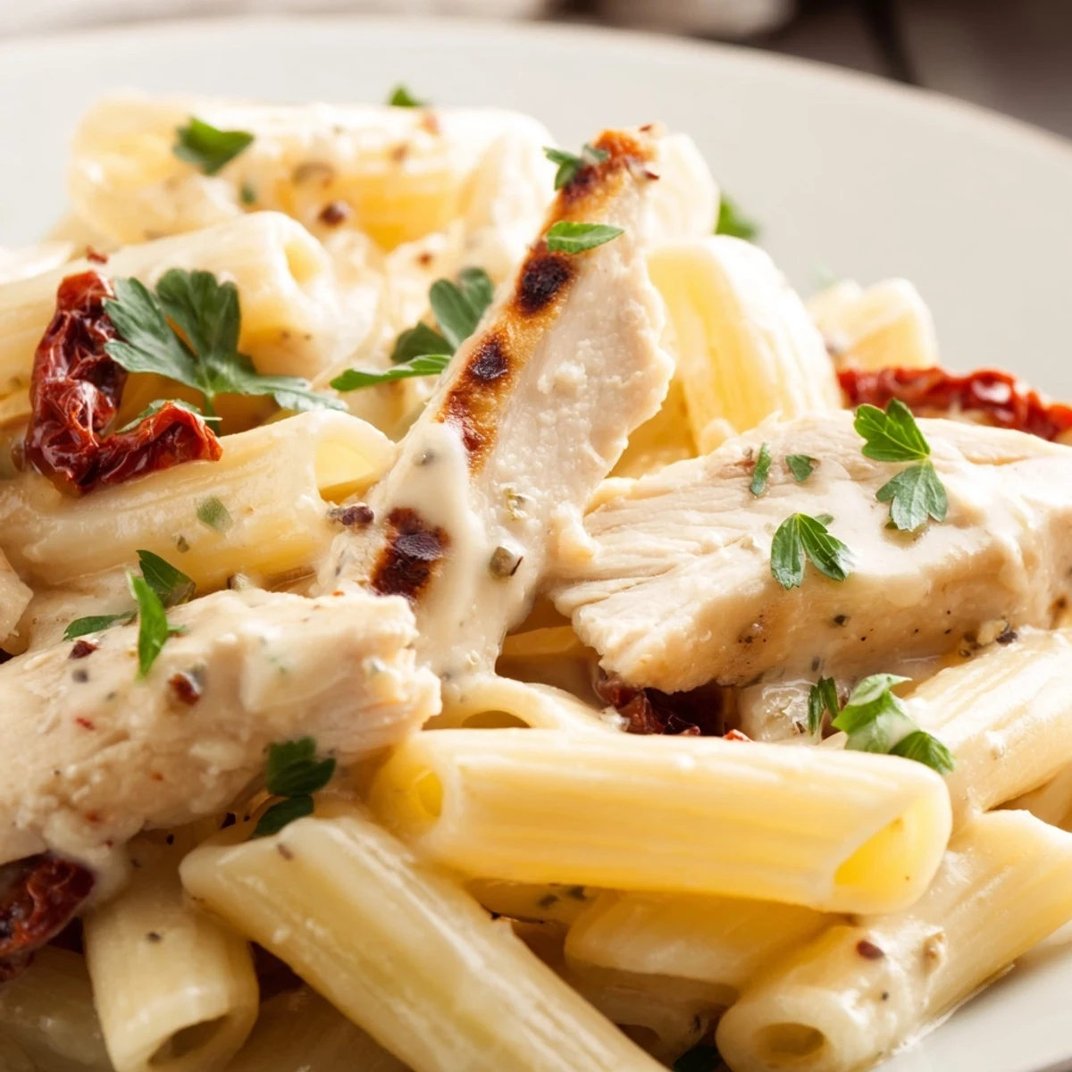 Golden pan-seared chicken breasts tossed in rich garlic cream sauce with sun-dried tomatoes over penne pasta