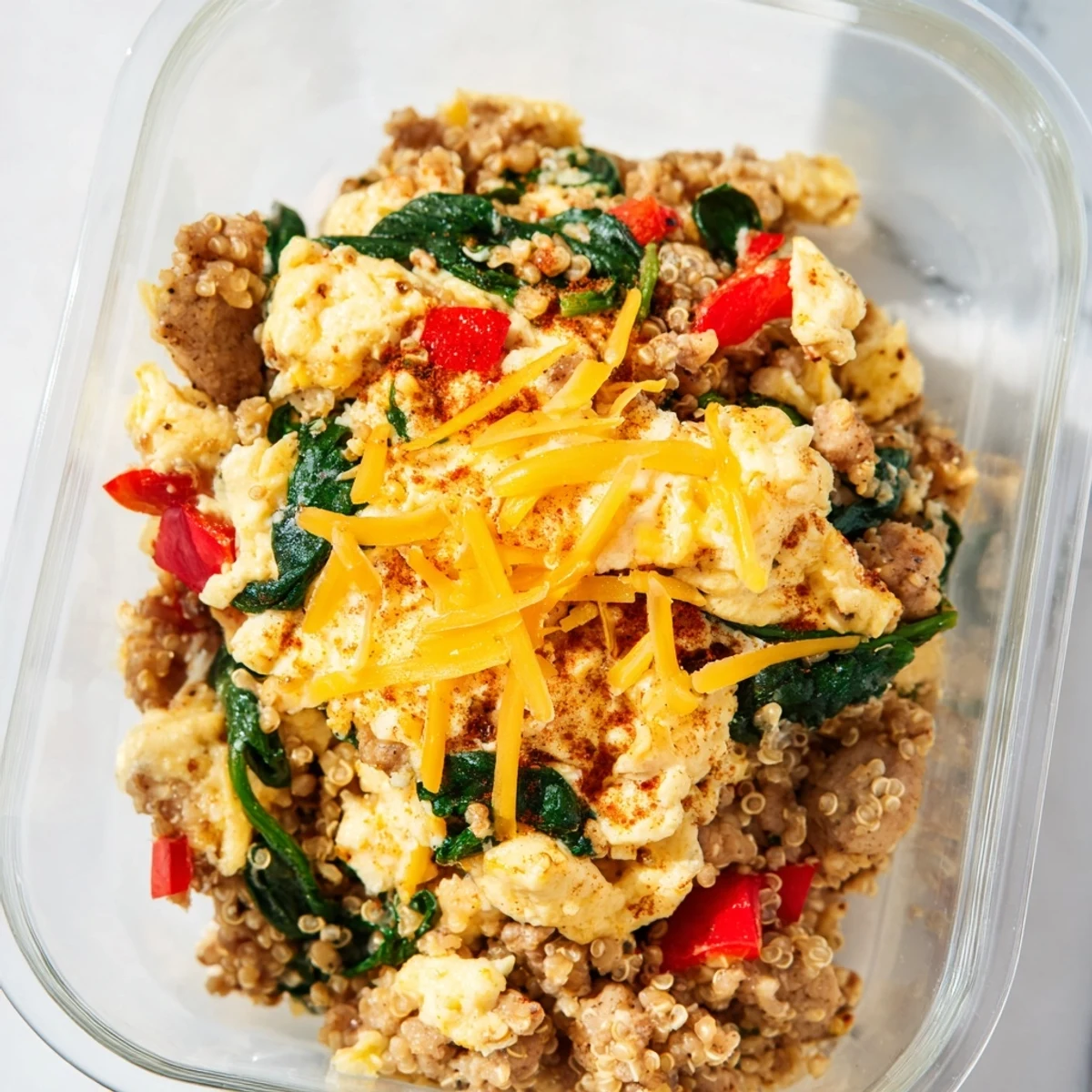 Spoon lifting hearty high protein freezer friendly breakfast bowl packed with scrambled eggs, black beans, peppers, and melted cheese