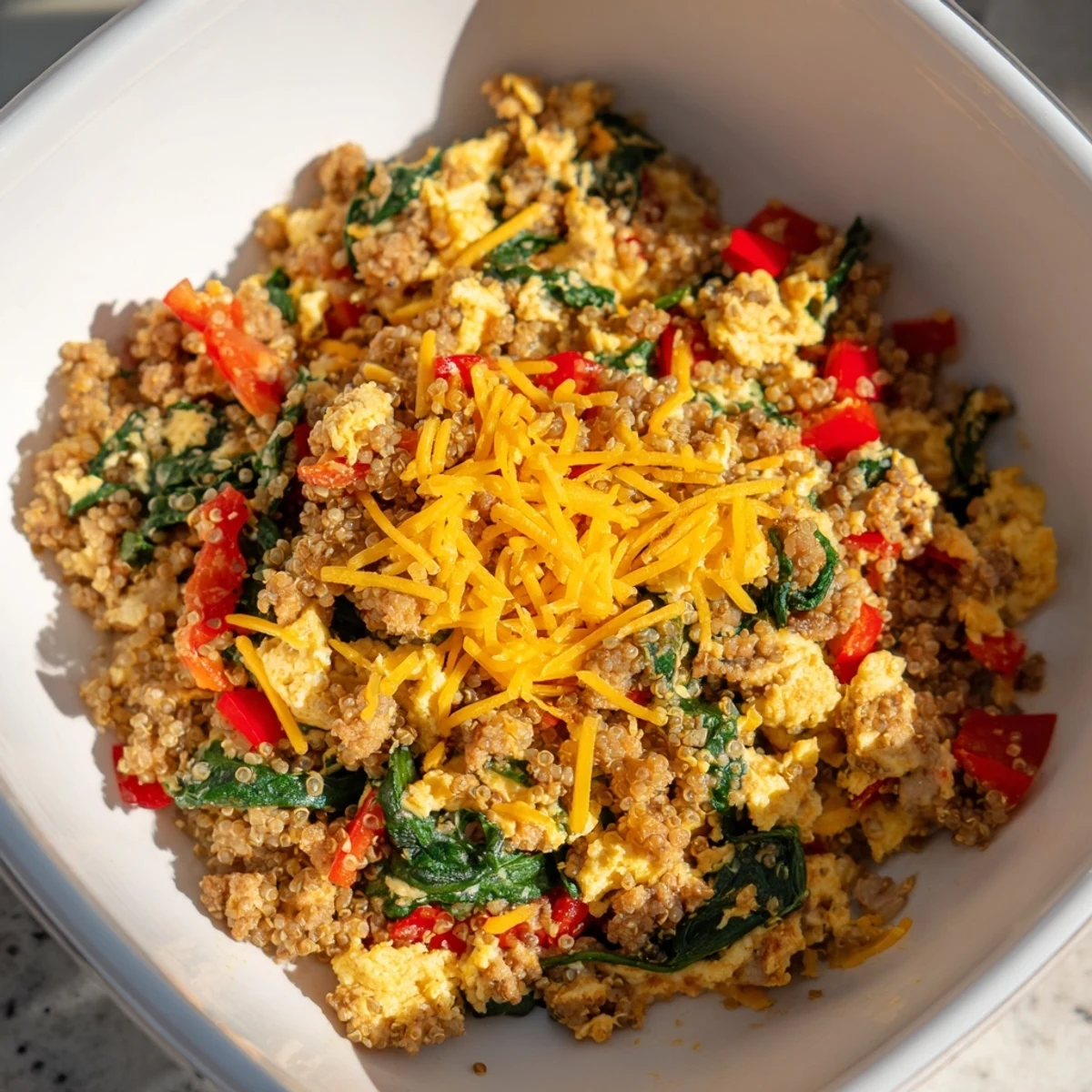 Colorful meal prep containers filled with high protein freezer friendly breakfast bowls featuring scrambled eggs, turkey sausage, quinoa, and vibrant vegetables