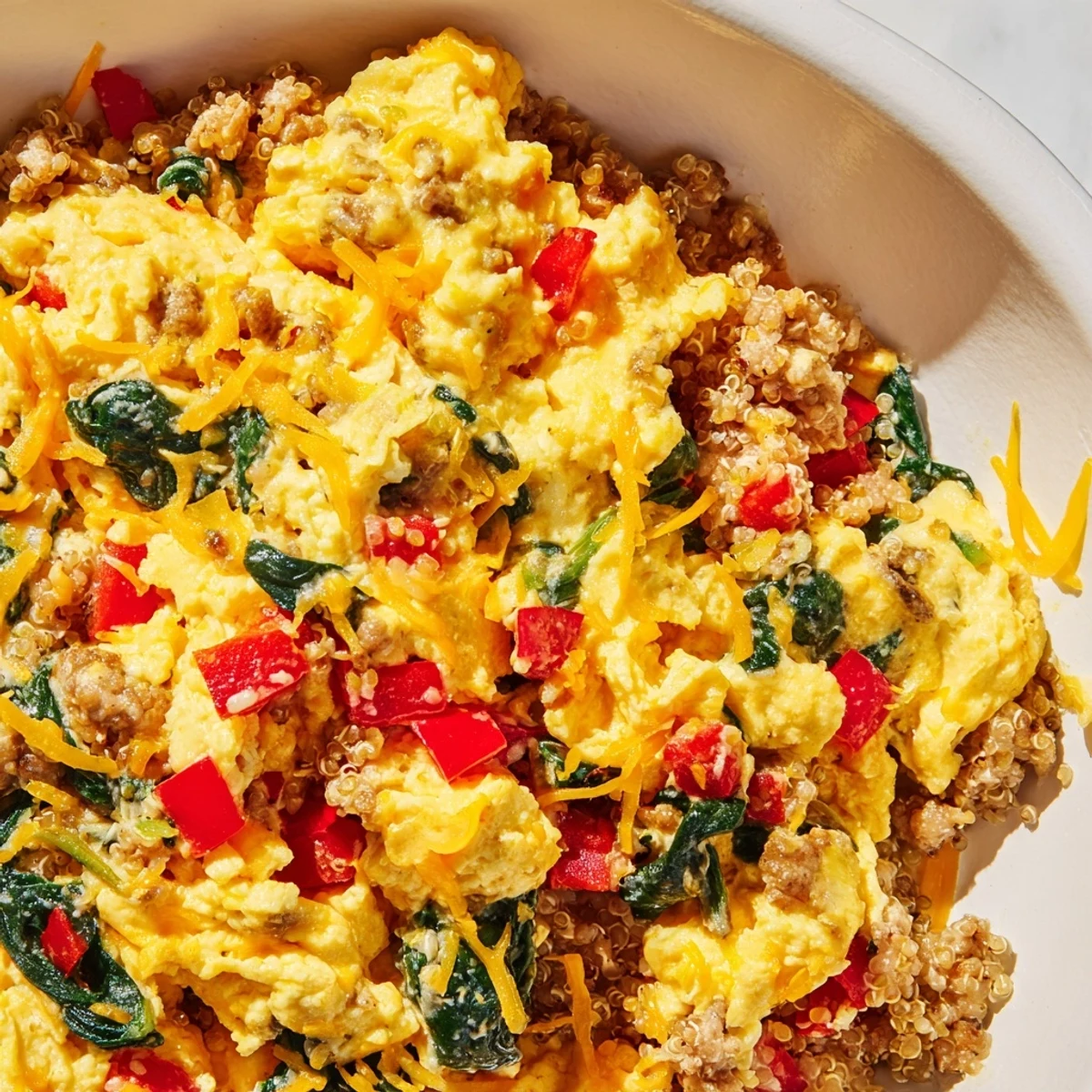 Ready-to-freezer meal prep batch of high protein freezer friendly breakfast bowls arranged with fluffy eggs, sausage crumbles, quinoa, and colorful veggies