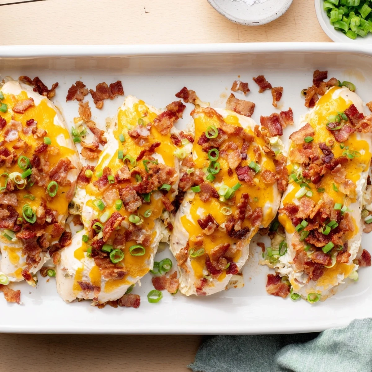 Creamy crack chicken baked with melted cheddar cheese and crispy bacon crumbles
