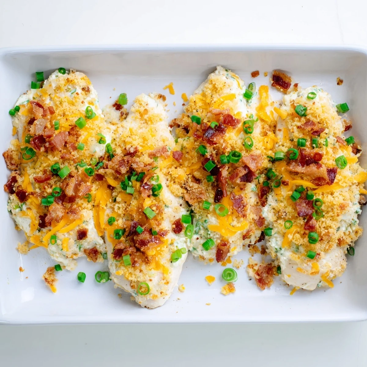 Bubbling crack chicken casserole topped with golden cheese and ranch-seasoned cream sauce