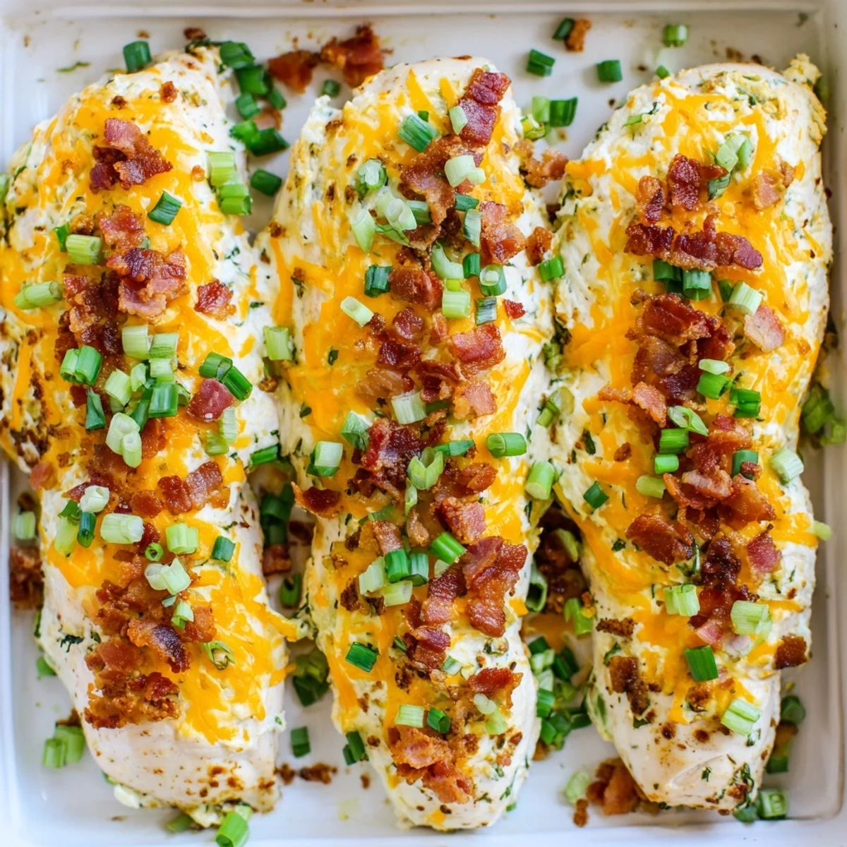 Sizzling crack chicken fresh from the oven with green onion garnish and bacon