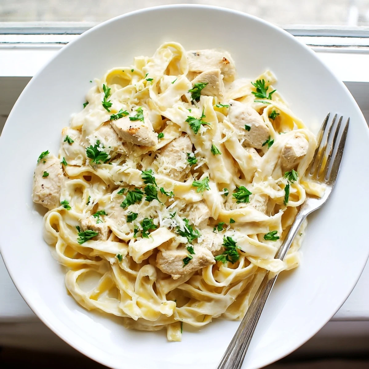 Creamy Instant Pot Chicken Alfredo with tender pasta pieces coated in rich parmesan garlic sauce