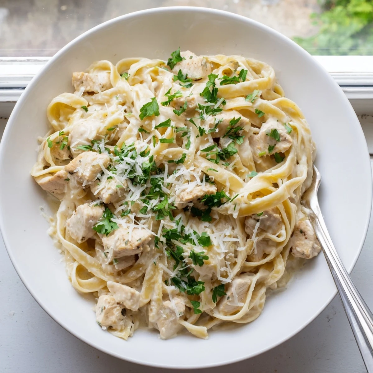 Golden chicken and fettuccine swimming in a velvety white cheese sauce made in the Instant Pot