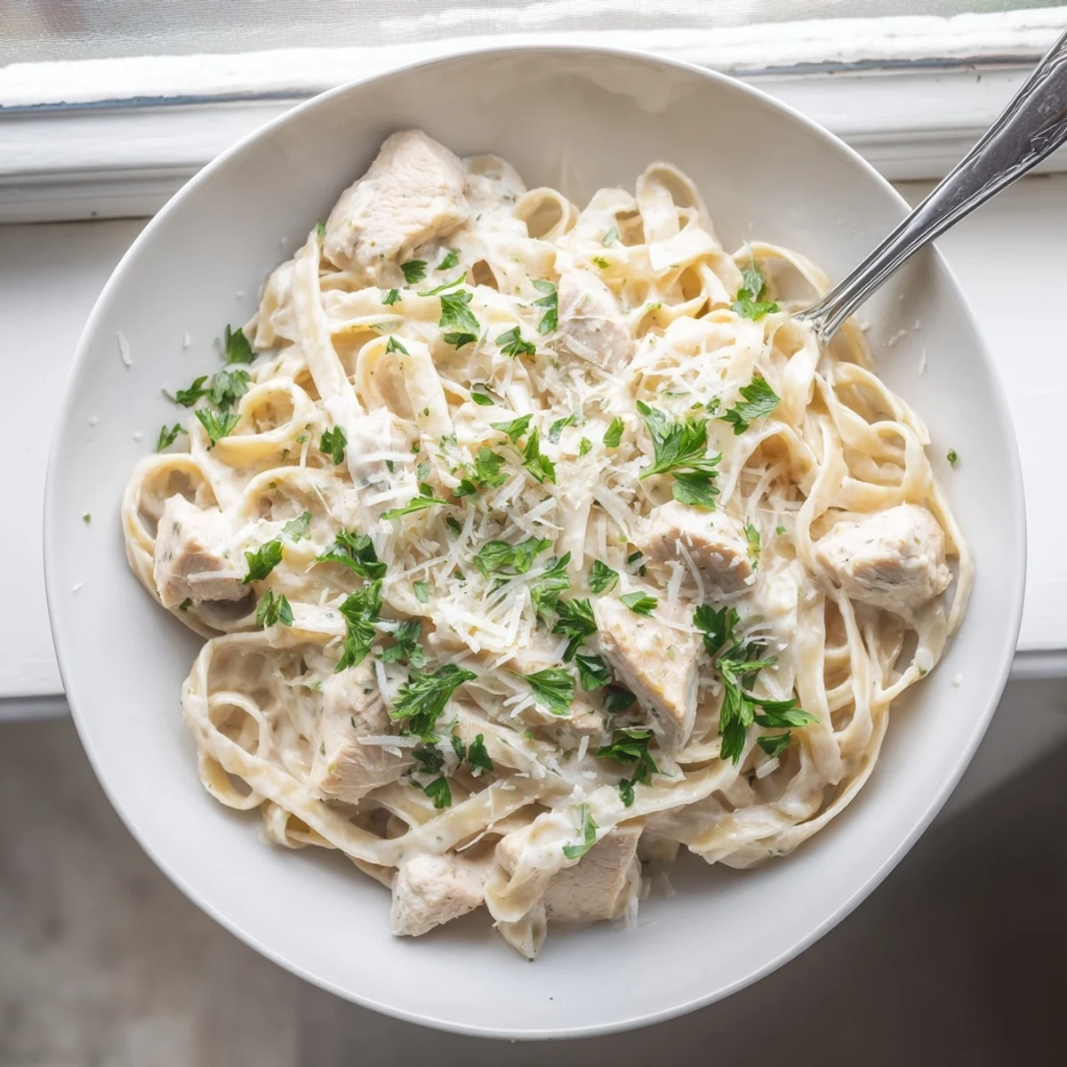 Steaming bowl of Chicken Alfredo featuring juicy chicken bites and silky noodles in a thick cream sauce