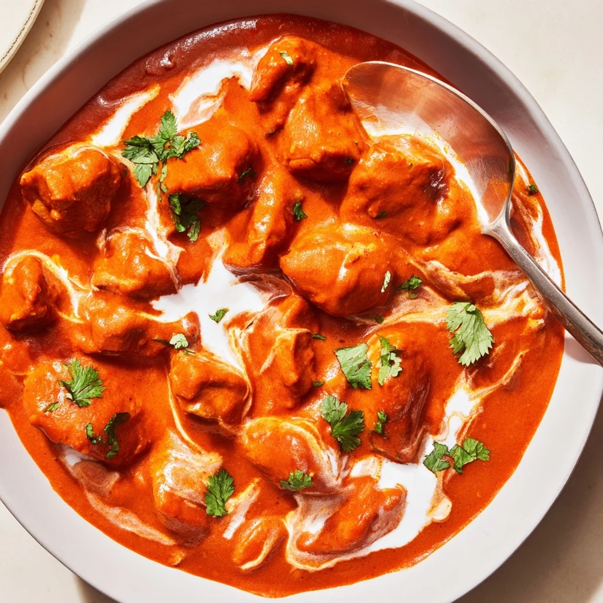 Golden Instant Pot butter chicken featuring tender pieces in a rich creamy tomato sauce finished with cilantro