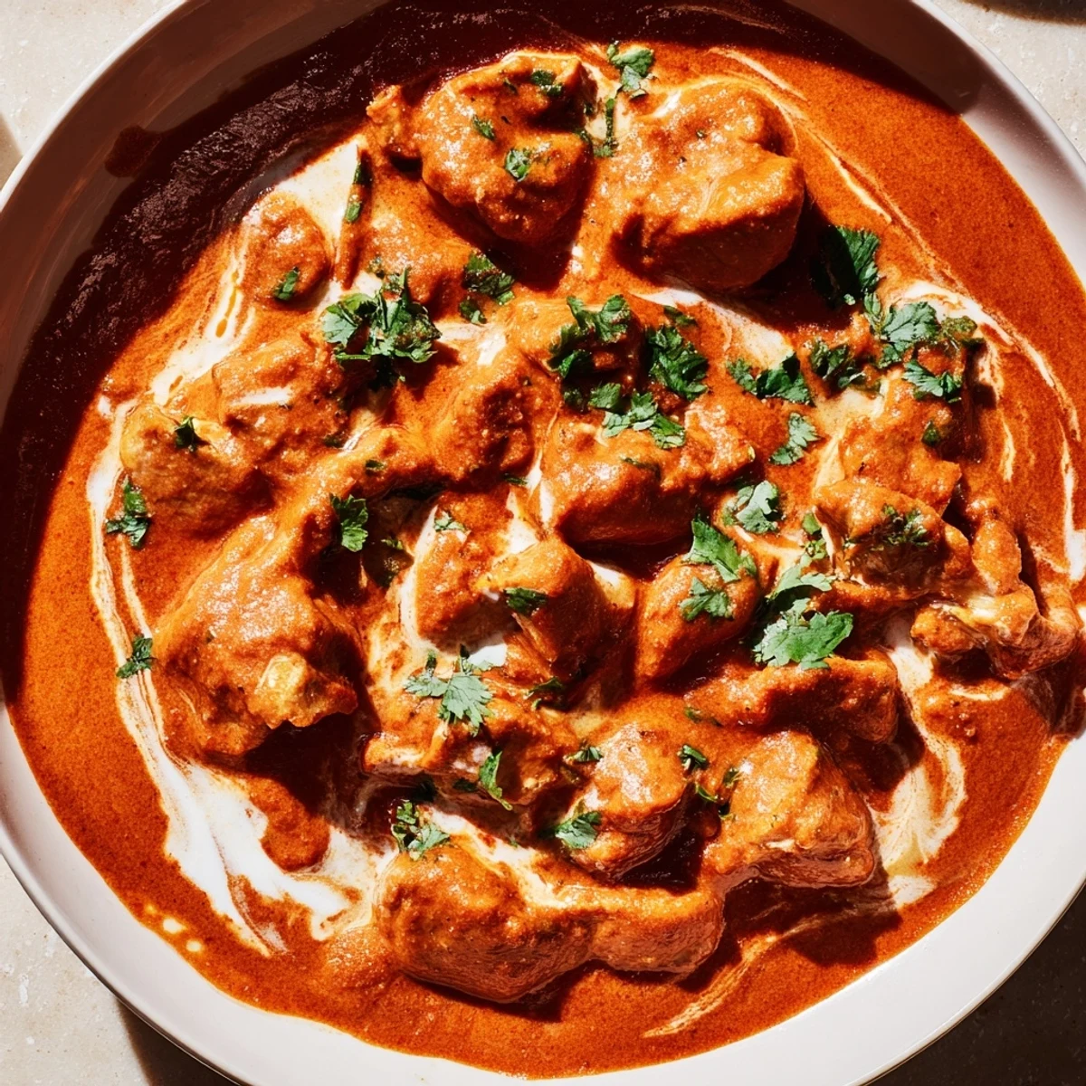 Velvety smooth Indian butter chicken made in the pressure cooker served over fluffy white basmati rice