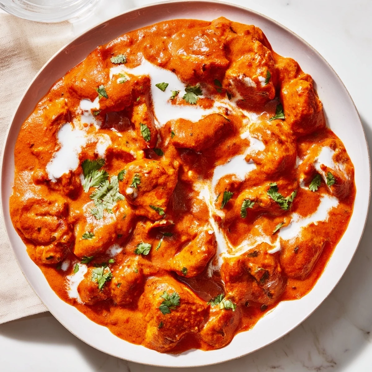 Creamy spiced butter chicken simmering in aromatic tomato gravy garnished with fresh green cilantro leaves