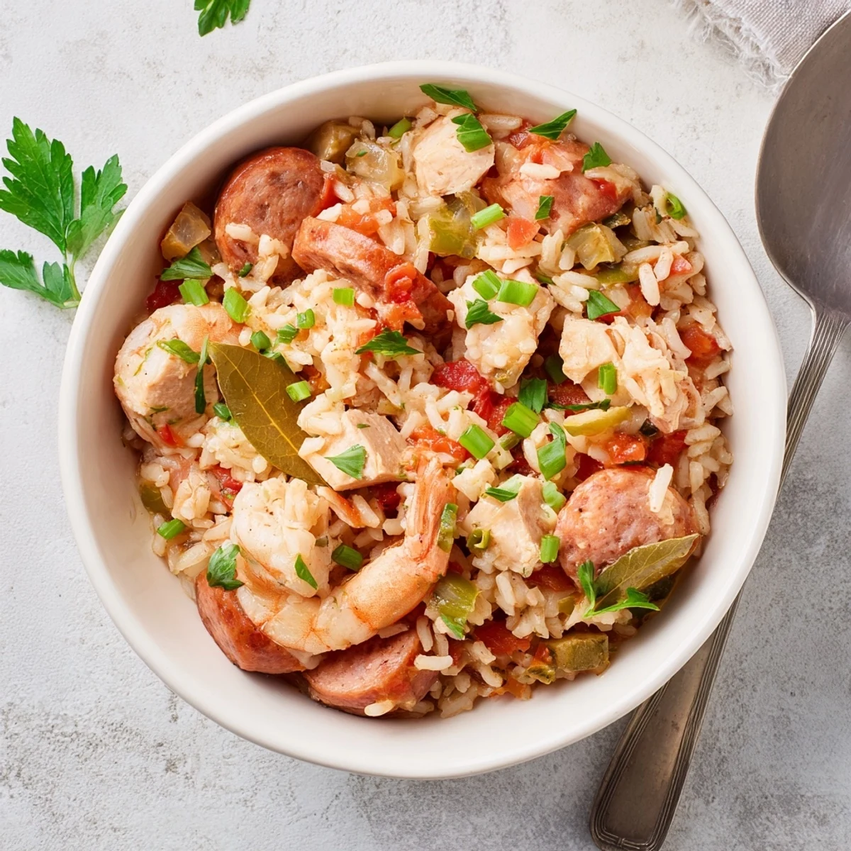Slow cooker Crock Pot Jambalaya featuring tender chicken chunks, sliced andouille sausage, and pink shrimp nestled in seasoned rice with colorful bell peppers.