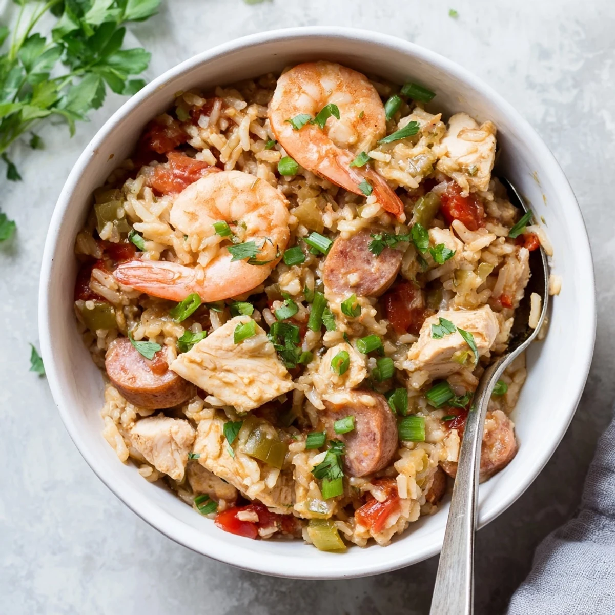 Hearty Crock Pot Jambalaya bowl loaded with succulent chicken, smoky sausage pieces, juicy shrimp, and fluffy rice in a rich Creole-spiced tomato broth.