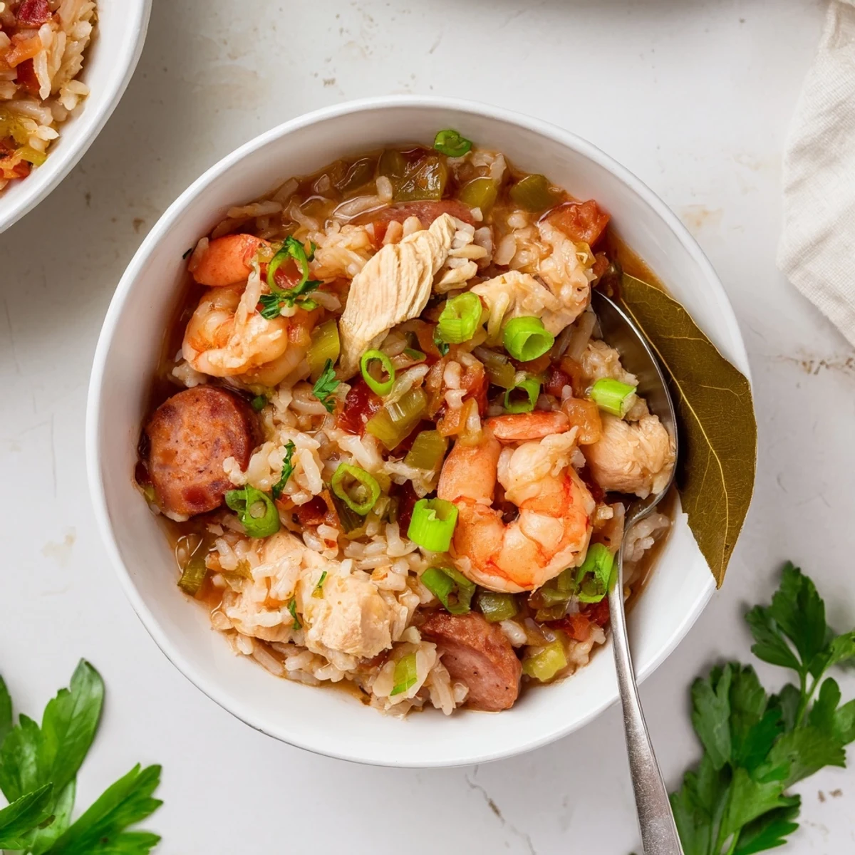 Colorful Crock Pot Jambalaya plated with diced chicken, savory andouille rounds, plump shrimp, and long grain rice infused with aromatic paprika and thyme.