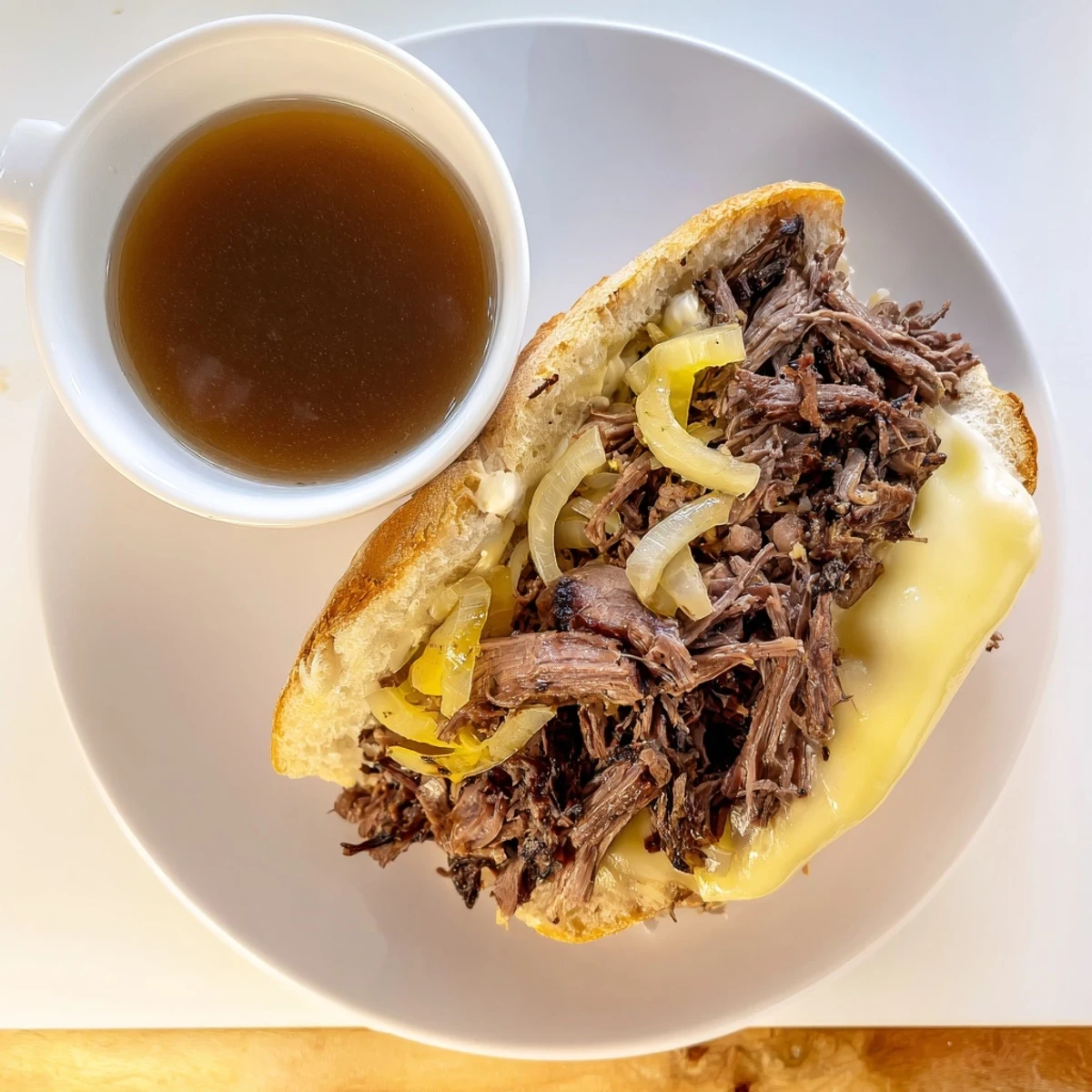 Slow cooker French Dip Sandwiches served with a rich beef broth au jus for dipping on the side