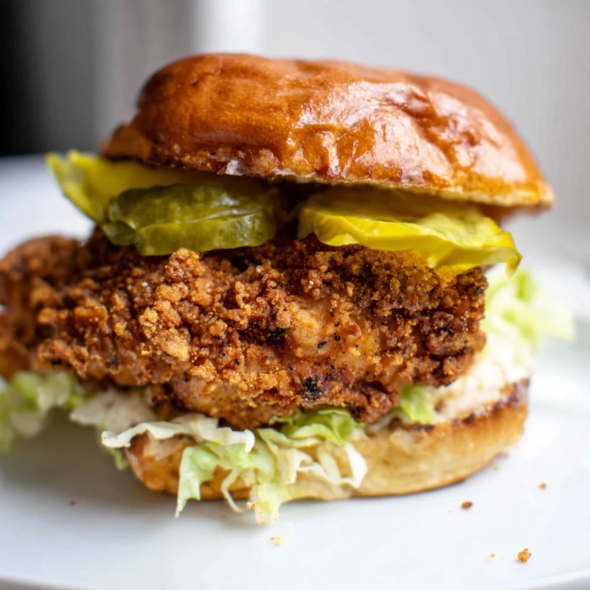 Juicy pickle brined fried chicken sandwich featuring golden crunchy coating lettuce slices and creamy mayo mustard sauce