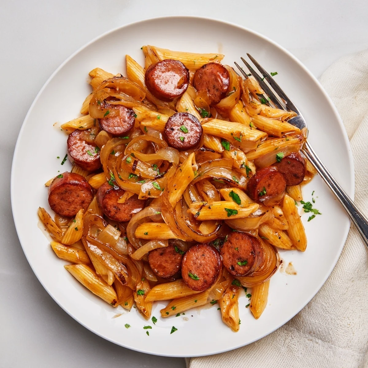 Golden skillet of sticky honey garlic sausage pasta coated in glossy sweet savory sauce with caramelized meat slices