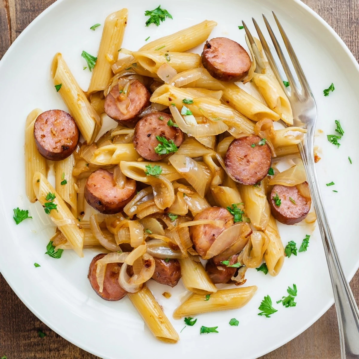 One-pot honey garlic sausage pasta tossed in thick clingy red glaze topped with fresh green parsley