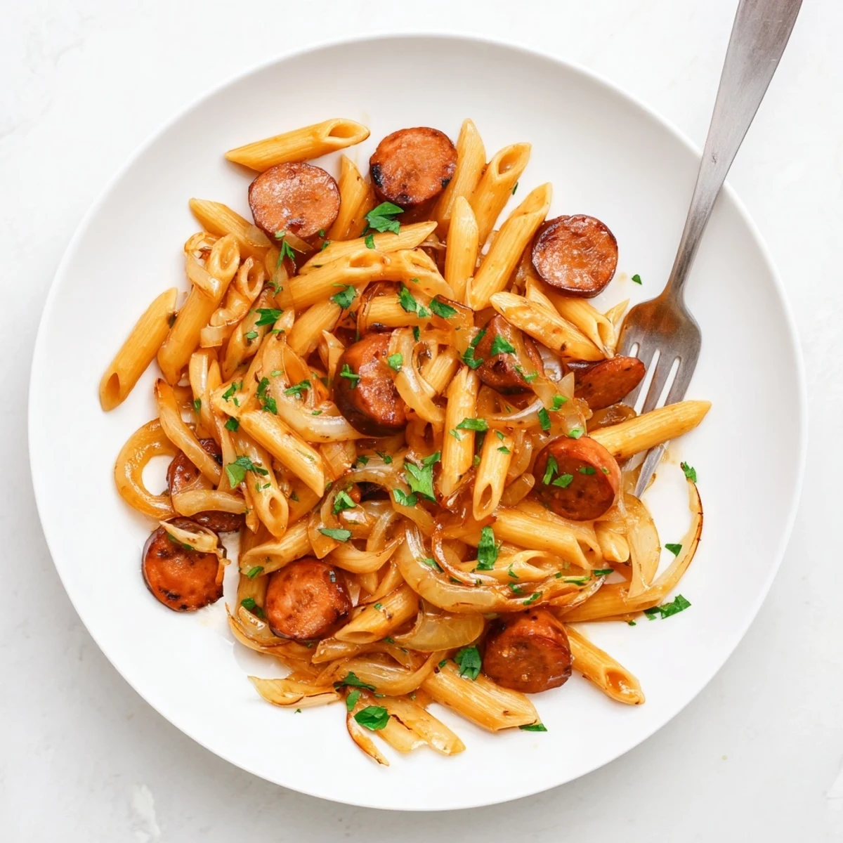 Sizzling skillet meal featuring juicy smoked sausage penne swirled in rich honey garlic reduction sauce