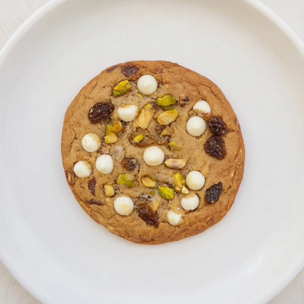 Golden brown Dubai chewy cookie studded with green pistachios and chopped dates