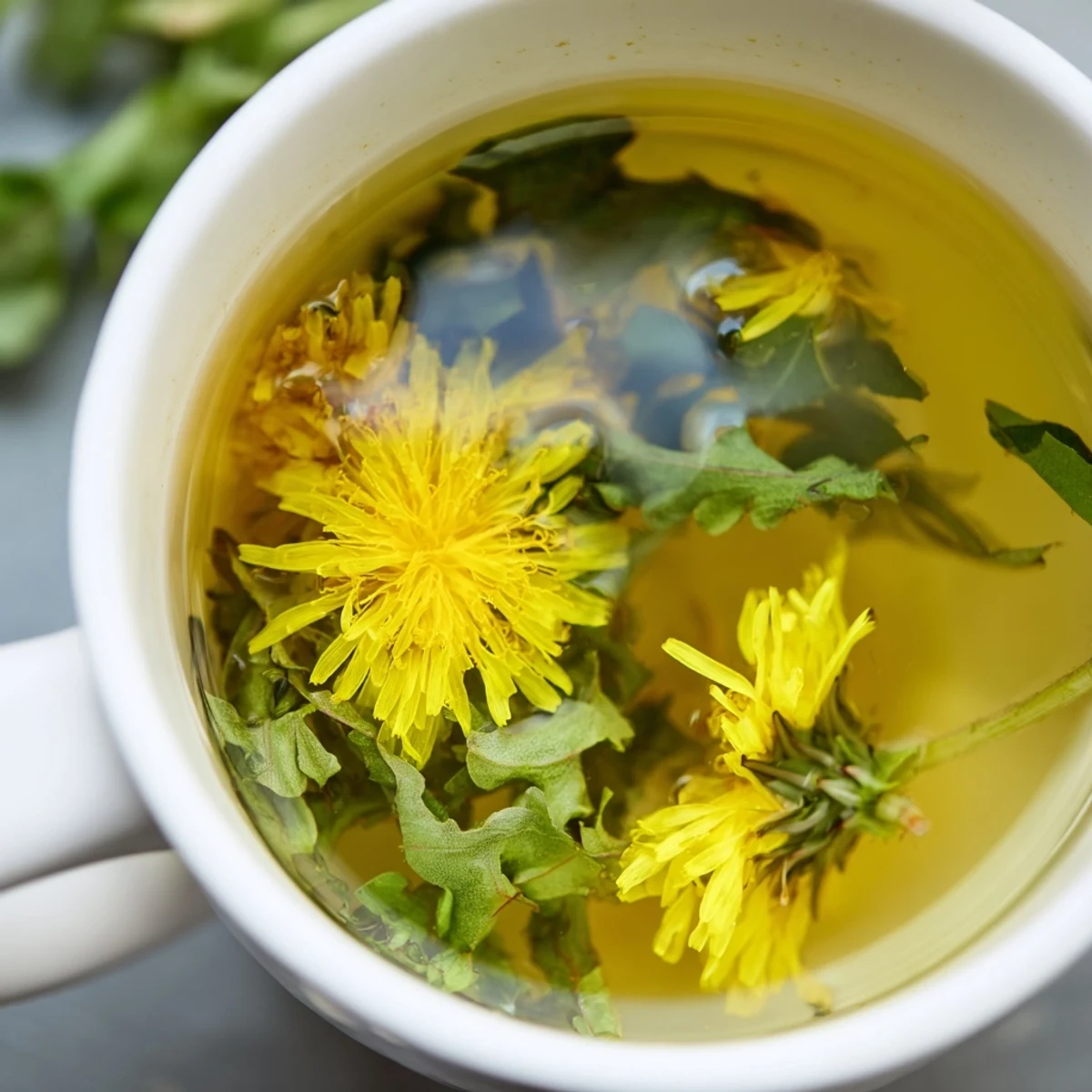 Golden dandelion tea steaming in a white teacup with fresh green leaves and lemon slice on saucer