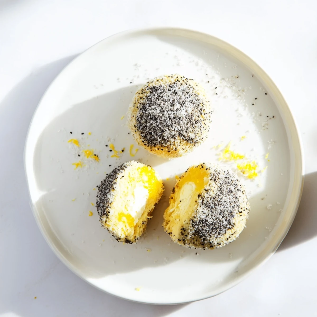 Golden lemon poppy seed cheesecake cookies with creamy centers on a white platter