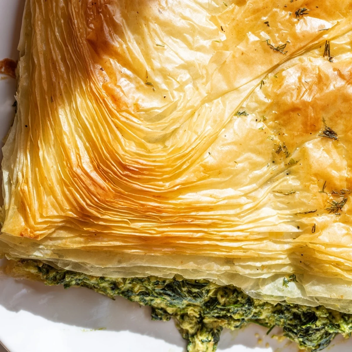 Golden authentic Greek spanakopita with flaky phyllo layers and savory spinach feta filling