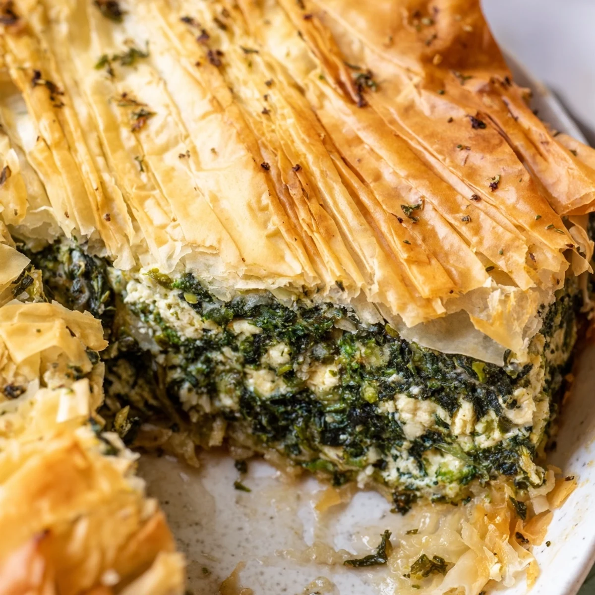 Baked authentic Greek spanakopita pie brushed with olive oil featuring golden brown phyllo crust