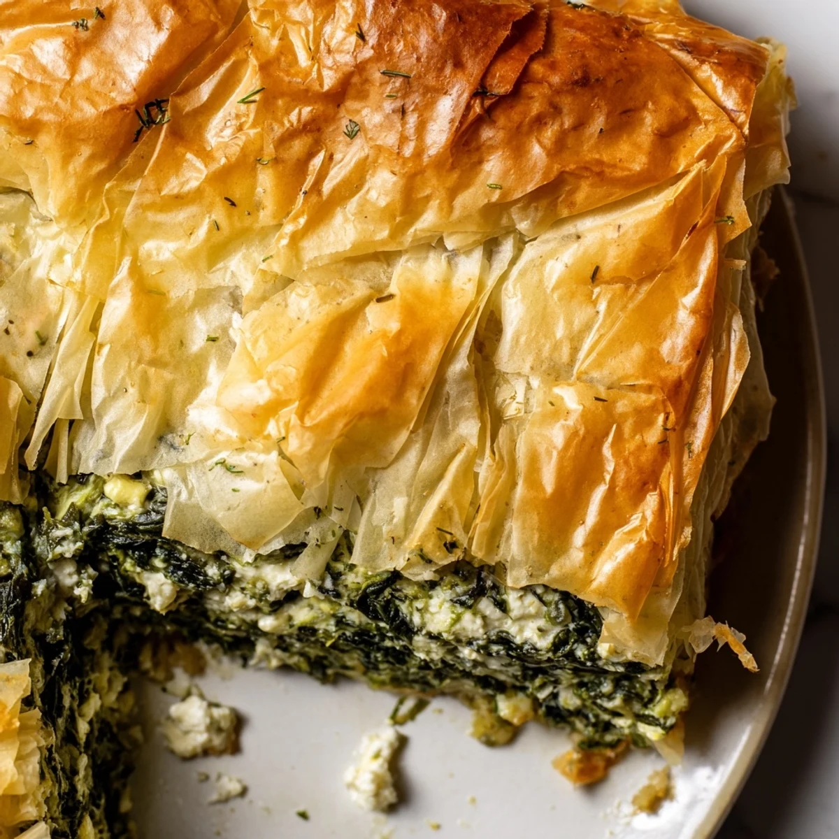 Crispy triangular authentic Greek spanakopita slices revealing vibrant green herb and cheese center