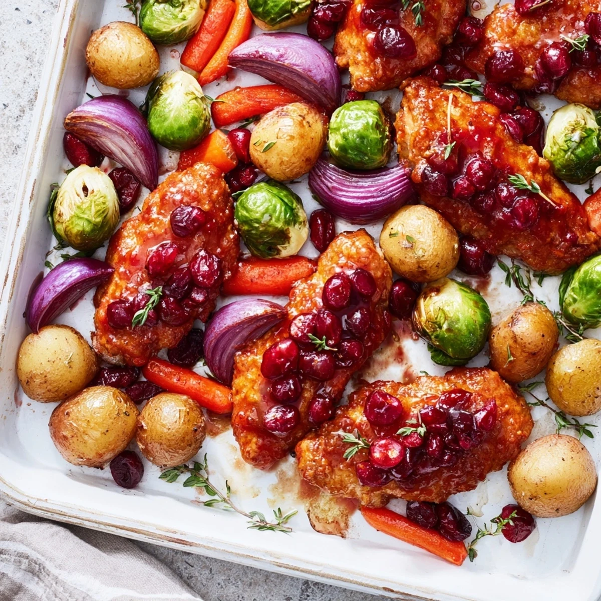 Golden chicken glazed with honey cranberry sauce roasted with colorful vegetables on a baking sheet