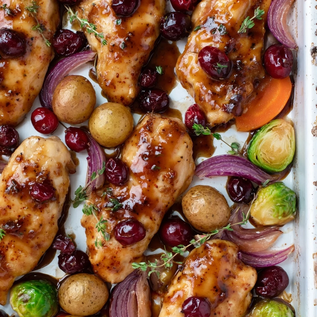 Juicy chicken breasts in tangy honey cranberry glaze served alongside tender roasted seasonal vegetables
