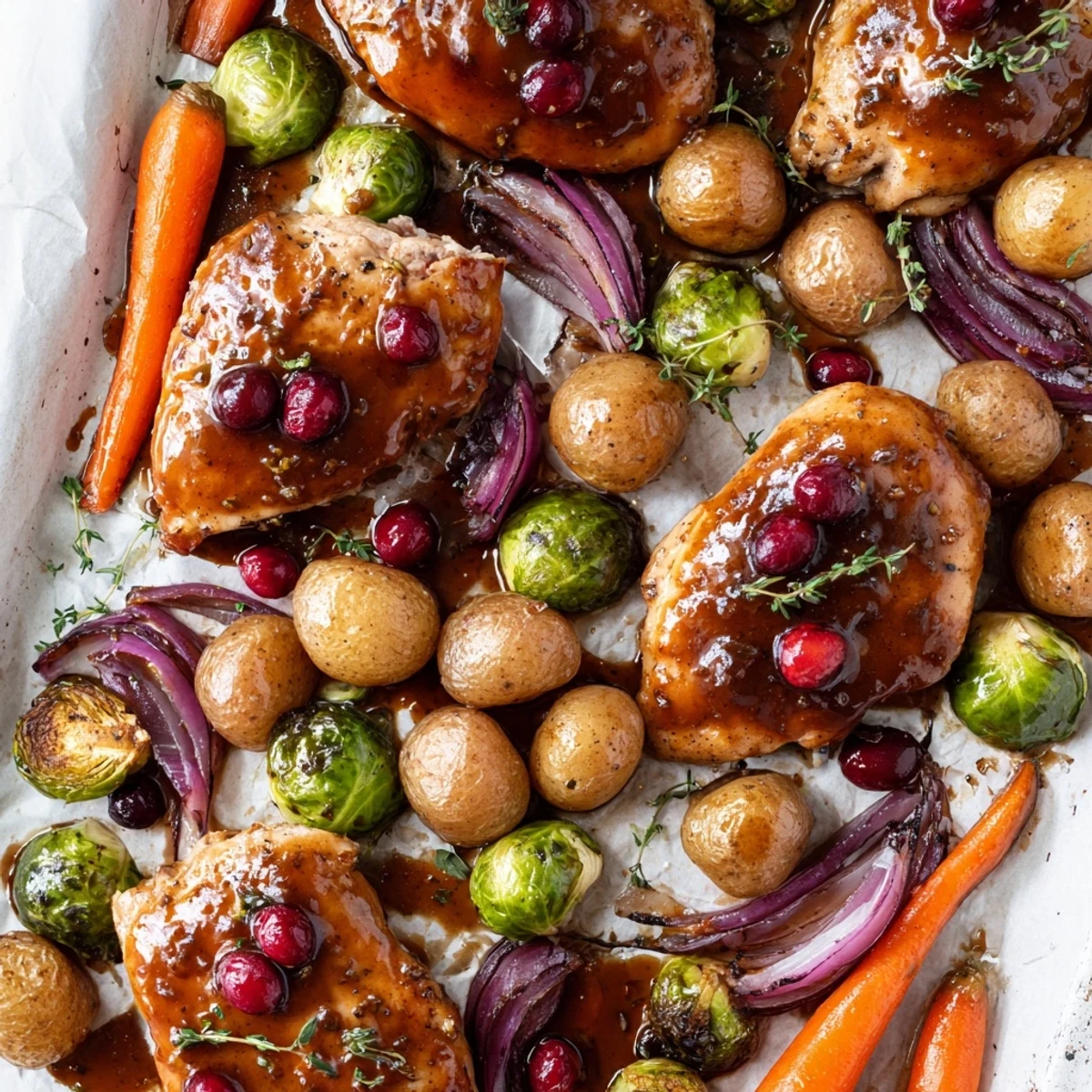 One pan honey cranberry chicken dinner with Brussels sprouts, potatoes, and carrots fresh from the oven