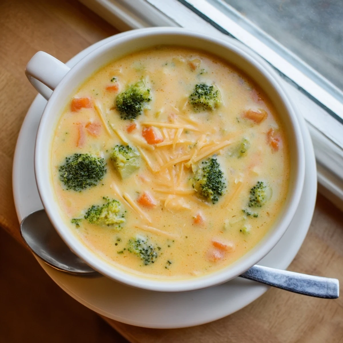 Creamy slow cooker broccoli cheddar soup ladled into white bowl with crusty bread