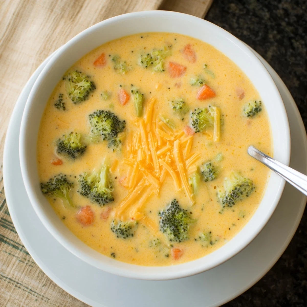 Velvety broccoli cheddar soup garnished with shredded cheese and fresh parsley in bowl