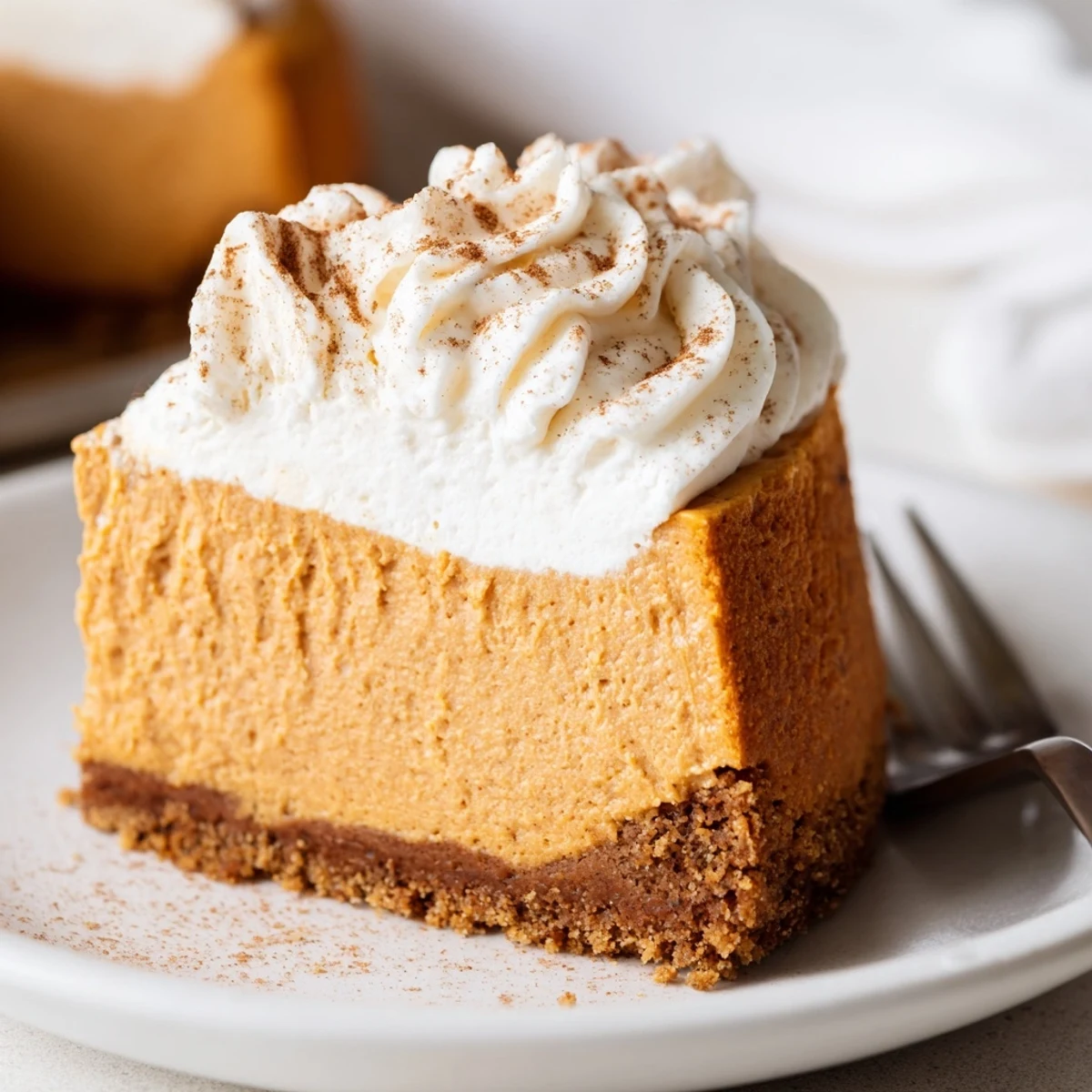 Rich holiday pumpkin spice Christmas cheesecake with graham cracker crust sitting on a festive serving platter