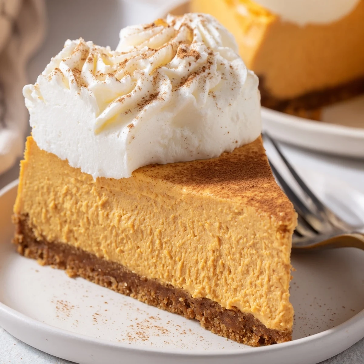 Thick slice of pumpkin spice Christmas cheesecake showing the spiced filling and whipped cream topping on decorative plate
