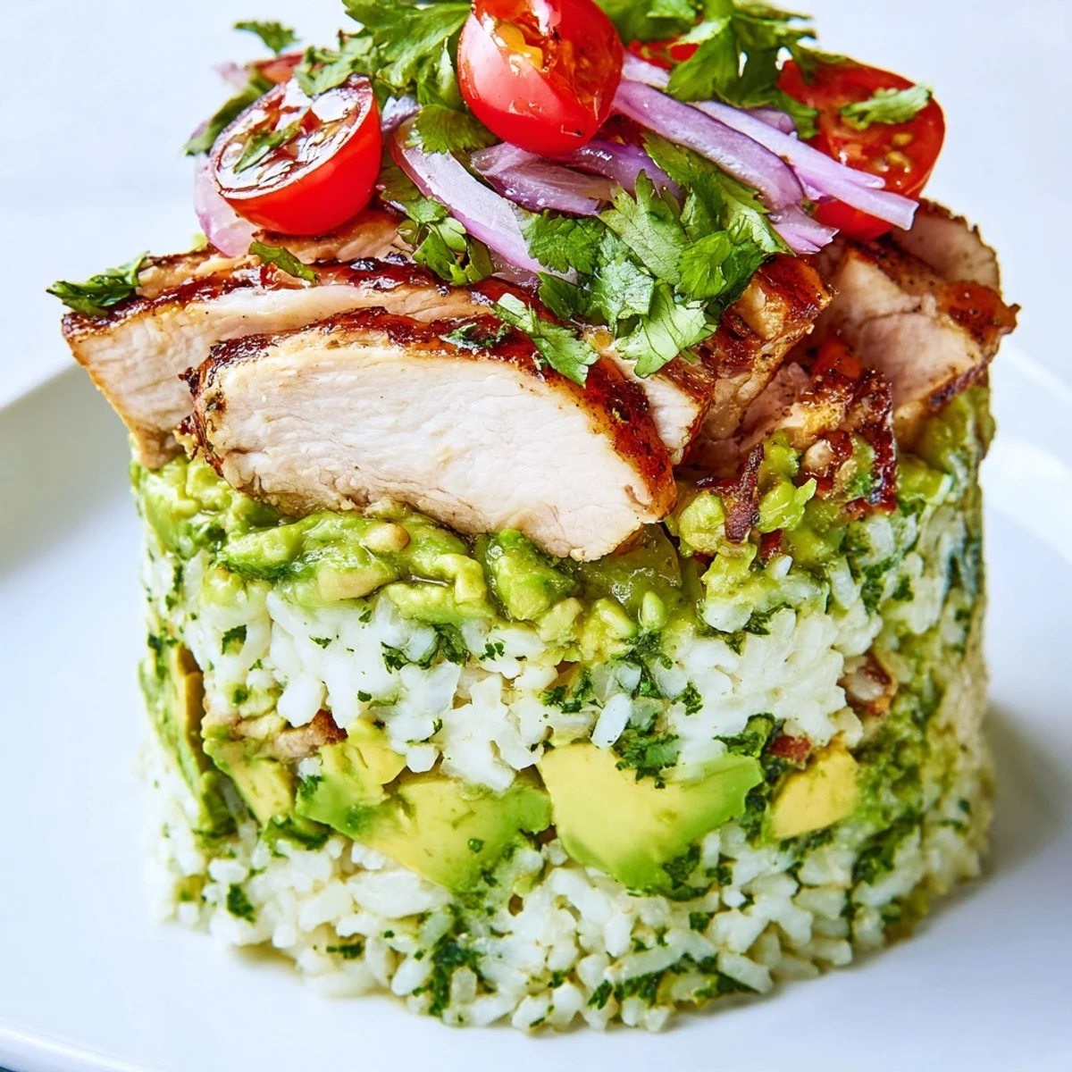 Layered honey lime chicken avocado rice stack featuring tender glazed chicken slices creamy avocado fresh cilantro and red onion on a bed of fluffy rice