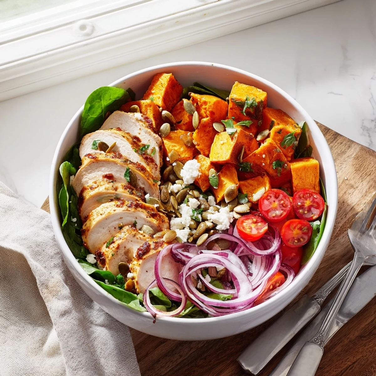 Colorful bowl featuring glazed chicken, tender roasted sweet potatoes, cherry tomatoes, and tangy maple Dijon dressing